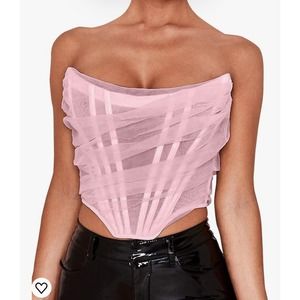 Women's Sexy Strapless Bustier Mesh Open Back Boned Corset Crop Top